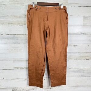 LOFT Women's Cropped Linen Blend Pants Relaxed Fit Button Detail Rust Brown Sz 6
